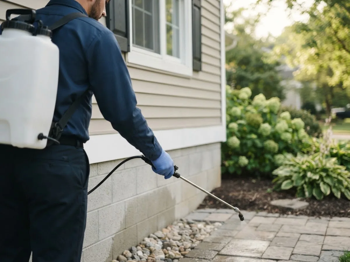 Pest control technician inspecting a home in Osmond, NE